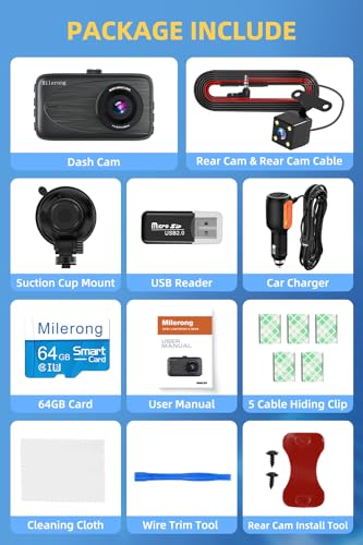 Milerong Dash Cam with 64GB Card, Dash Cam Front and Rear - size: A25-1080P Front+720P Rear with 64GB card