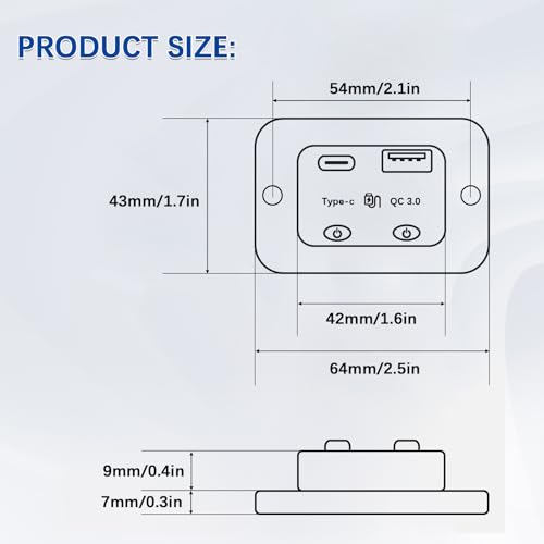 48W 12V 24V RV USB Outlet with Independent Dual Switch,30W PD QC3.0 Panel
