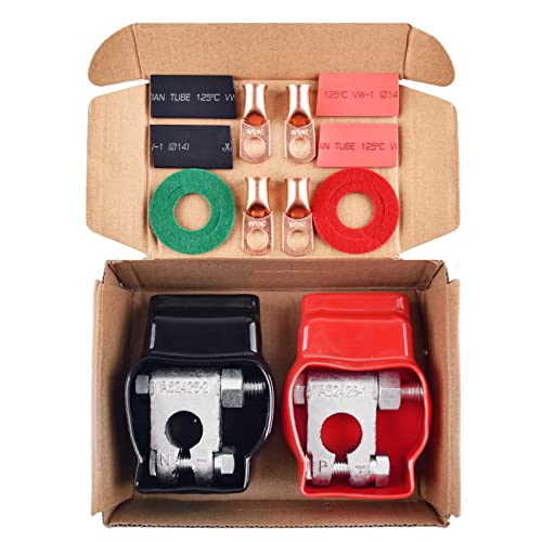 Battery Terminal Connectors, Military Spec Positive Negative Heavy Duty Auto Car Marine Battery Terminal,with 4 Pcs 2 Gauge 3/8" Copper Lugs,4 Heatshrink,2 Cover and Anti Corrosion Washers (Kit) - size: Terminal Package - Kit