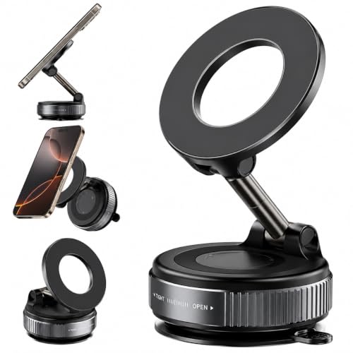 Magnetic Car Phone Holder for MagSafe, 2026 Upgraded Vacuum Suction Car Mount, Strong Magnetic Dashboard & Windshield Phone Holder, 360° Adjustable for iPhone 12–17 Series