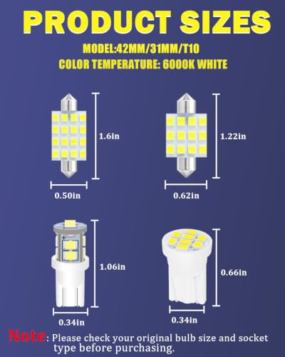 24 Pieces LED Car Interior Light Bulb Kit, Super Bright 6000K White 194 168 DE3175 T10 578 W5W 2825 31MM 42MM LED Bulb, for Dome Map Dash Door License Plate Trunk Light, Interior Lights