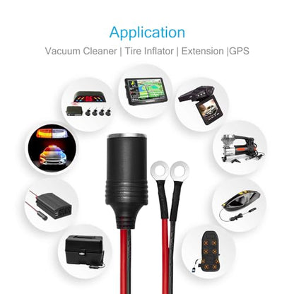 Chanzon 3ft 12V 24V Car Cigarette Lighter Female Socket to Battery Eyelet - color: 3ft Female-to-Eyelet Red-and-Black