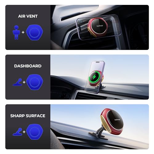 JOYMASS for MagSafe Car Mount Charger, 15W Zinc Alloy Fast Charging Magnetic Wireless Car Charger Phone Holders for Your Car Fits for iPhone 15 Pro Max Plus 14 13 12 Mini MagSafe Case - Red - color: RED