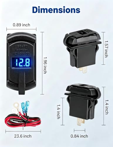 Anina USB C Rocker Switch On/Off Rocket Style Outlet 18W QC 3.0 USB A + 30W PD Charger with LED Voltmeter Display for 12V/24V RV Boat Motorcycle Marine ATV
