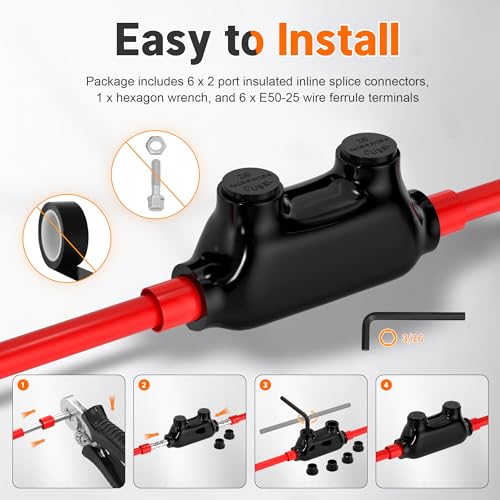 Joinfworld Insulated Inline Splice Connector 2/0-6 Gauge Aluminum to Copper Wire Connectors 6 AWG Splice Aluminum Wire Connectors with Slotted Allen Hex - 6 Pack - size: 2/0-6 AWG