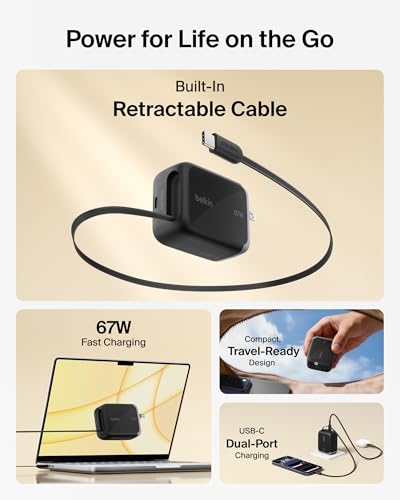 Belkin 67W GaN USB C Retractable Charger Block Fast Charging for Travel - color: Black, style: 67W