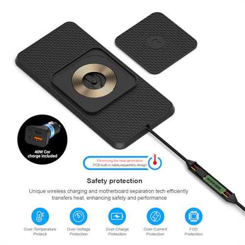 Wireless Car Charging Pad, Reestecqi 15W Fast Wireless Car Charger Pad Non Slip Charging Mat with 30cm Cable and 70cm Extension Compatible with iPhone 16 Pro/15/14/13 AirPods Samsung Google