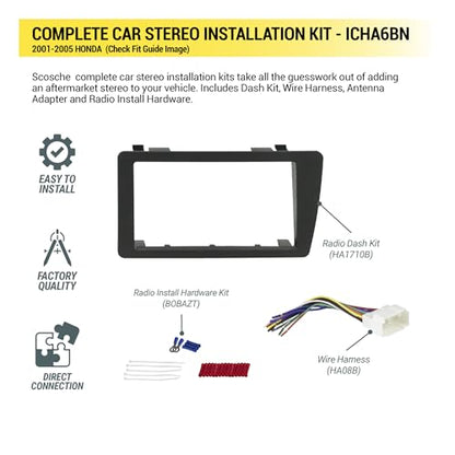 Scosche ICHA6BN Double DIN Radio Install Dash Kit Compatible with Select 2001-05 Honda Civic - Factory Radio Brackets Required - Complete Basic Car Stereo Installation Kit - Does Not Retain SWC - style: Complete Installation Kit