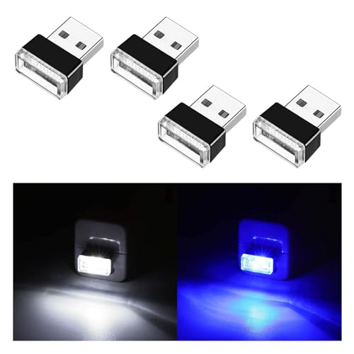 Ziciner 4 PCS USB LED Car Interior Atmosphere Lamp, Portable Mini LED Night Light, Plug-in USB Interface Trunk Ambient Lighting Kit, Universal Car Interior Accessories (White, Blue) - color: White+Blue