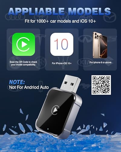 Wireless CarPlay Adapter for iPhone, 2025 Upgrade Wired Carplay to Wireless, Low Latency, Long-Term Stability, Plug & Play, Mini Apple CarPlay Dongle, USB A/C, Works with 1000+ Car Models, Black