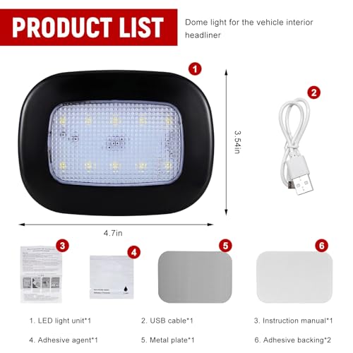 자동차 내부 천장 지붕 조명, USB 충전식 차량 돔 조명 10LED 독서 램프, 프레스 스위치 포함, 범용 마그네틱 무선 돔 램프 자동차 트럭 RV 캠핑카용 (블랙) - color: 화이트 라이트, 블랙
