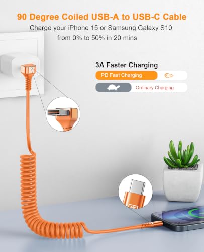90 Degree Coiled USB A to USB C Cable, 3FT&6FT USB C Cable 3A Fast Charging - color: Orange, size: 3FT+6FT