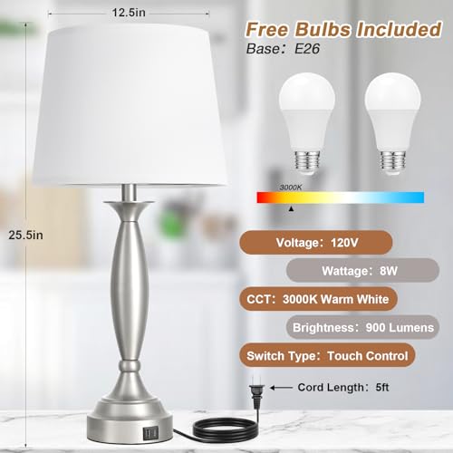 Bedroom Lamps for Nightstand, 3 Way Dimmable Silver Bedside Lamps with USB - color: B. White Shade & Nickel Base, size: Large（25.5 In）