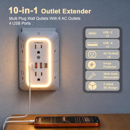 Multi Plug Outlet Surge Protector, 6 Outlet Extender and 4 USB with PD30W USB-C Fast Charging, 3-Sided 1050J Surge Protector Power Strip with Night Light for Home Travel Office-ETL - color: White-30W-1Pcs