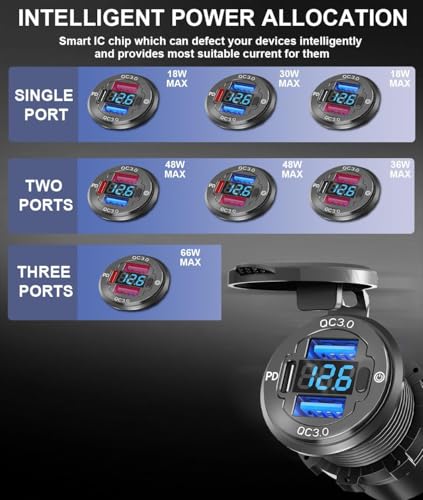 2PCS 78W 3Ports 12V USB Outlet with Voltmeter & Switch - PD3.0 & Dual QC3.0 Quick Charge Car Charger Socket, Aluminum Waterproof USB C Port for Boat Marine Motorcycle RV Truck ATV Golf Cart