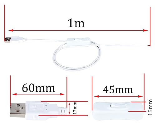 DC 2-pin USB Cable with ON/Off Switch USB 2.0 A Male Plug 2 Pin 2 Bare Wire Charge Cable Connector with Power Switch for 5V-12V PC/LED Desk Lamp/USB Fan/LED Strips[white-2PACK/1M/3.3ft] - color: White