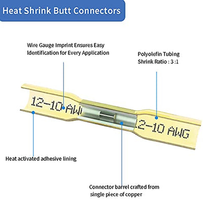 Heat Shrink Butt Connectors, 12-10 AWG Waterproof Crimp Terminals Electrical Wire Connectors Splice for Marine, Cable, Wiring - size: 12-10 AWG (Yellow)