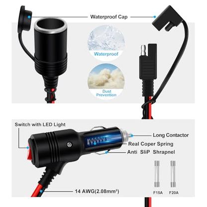 Cigarette Lighter Cable with On Off Switch 12V 24V SAE to Cigarette Lighter Plug with Switch 14AWG 20A Fuse with LED Light, Waterproof Cover Suitable for Cars, Motorcycles, Boats (3 m/10 ft) - size: 3 m/10 ft