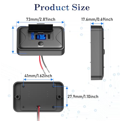 90W 12V USB Outlet Panel Wall Mount, Dual 36W USB C and QC 3.0 18W Car USB Port Charger with Voltmeter Button Switch, Waterproof 3 USB Multi Port Power Outlet DIY 12V Accessories for Car Bus RV Truck - size: 1PCS