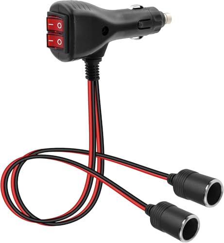 GELRHONR 12V Cigarette Lighter Splitter, 2 Way Cigarette Lighter Socket with Dual Independent Switches, Double Lighter Adapter Extension Cable with 10A Fuse-30CM - color: Red Button