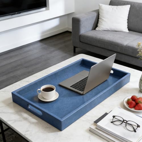 25x18 inches Leather Ottoman Serving Tray with Hole Handles, Rectangle Large Modern Service Tray for Living Room, Coffee Table, Bed, Tea, Food, Butler Countertop, Kitchen, Dinner, Picnic (Blue) - color: Blue, size: 25" x 18" x 2"