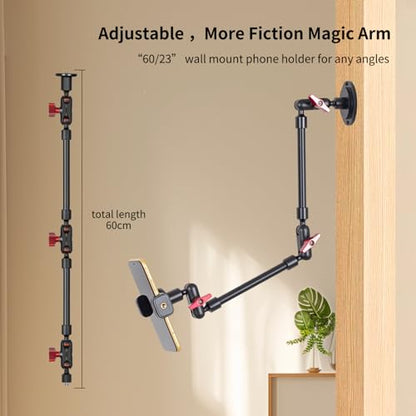 Wall Mounted Phone Holder Magic Arm 360° Rotation Adjustable Metal Base Screw in Wall Sturdy for Kitchen Bedroom Home 22 Inch Metal Phone Clip - size: Metal base + 23in magic arm + metal clip