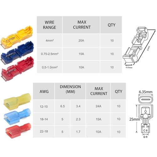 60 Pcs/30 Pairs Quick Splice Wire Terminals T-Tap Self-Stripping Nylon Fully Insulated Male Quick Disconnects for Automotive Wiring (22-10 AWG)