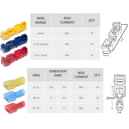 60 Pcs/30 Pairs Quick Splice Wire Terminals T-Tap Self-Stripping Nylon Fully Insulated Male Quick Disconnects for Automotive Wiring (22-10 AWG)