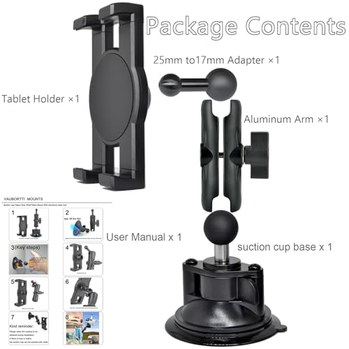 VAUBORTTI iPad Holder for Car Dashboard Windshield,Aluminum Arm Heavy Duty,Tablet Suction Mount for Window, Compatible with 6.5-12.9" Tablets/,1" Ball Mount