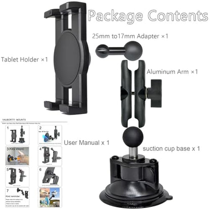 VAUBORTTI iPad Holder for Car Dashboard Windshield,Aluminum Arm Heavy Duty,Tablet Suction Mount for Window, Compatible with 6.5-12.9" Tablets/,1" Ball Mount