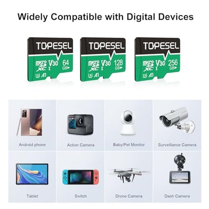 TOPESEL 128GB(The Actual Usable Capacity is 115.2GB) Micro SD Card with Adapter, High Speed TF Card, Memory Card microSDXC for Camera, Smartphone, Tablet, Dash Cam, Drone, UHS-I, U3, A1, 4K UHD, V30 - color: 128GB x1
