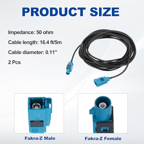 uxcell 2Pcs Antenna Extension Cable, 16.4ft/5m Longer Fakra-Z Male to Fakra-Z Female RF Coax Cable for Car Stereo Head Unit GPS Navigation FM AM Radio RG174 - size: 16.4ft/5m