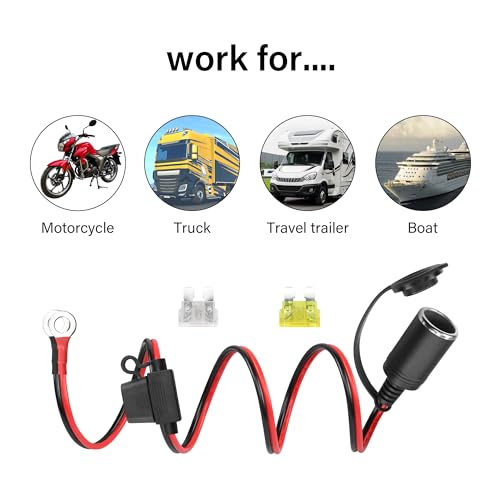12V Car Cigarette Lighter to O Ring Terminal，14AWG Cigarette Lighter Female Socket to 8mm (0.3inch) Terminal Ring Harness, with 20A Fuse（2M/6FT）