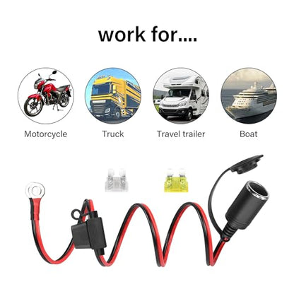 12V Car Cigarette Lighter to O Ring Terminal，14AWG Cigarette Lighter Female Socket to 8mm (0.3inch) Terminal Ring Harness, with 20A Fuse（2M/6FT）