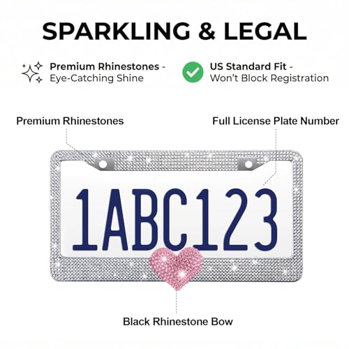 1 Pack White Bling License Plate Frame with Pink Heart for Women - color: White Frame+Pink Heart