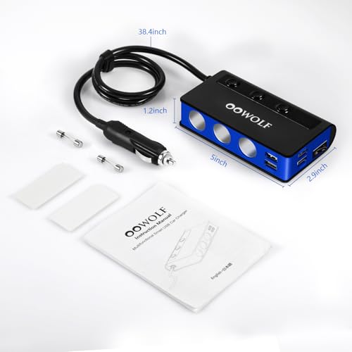 OOWOLF 7 in 1 180W Quick Charge 3.0 Cigarette Lighter Adapter, with Cigarette Lighter Function, for 12V-24V Car, 3-Socket Splitter, 4 USB Ports Car Power Adapter for GPS, Dash Cam, Phone, Tablet etc - color: BLACK-BLUE