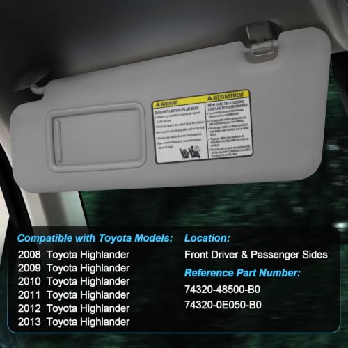 ItranMc Sun Visor Driver&Passenger Side for 2008-2013 Toyota Highlander - color: (Gray)Left & Right Side