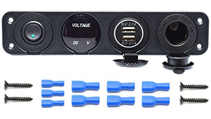 Dual USB Socket Charger 2.1A&2.1A + LED Voltmeter + 12V Power Outlet + ON-Off Toggle Switch Four Functions Panel for Car Boat Marine RV Truck Camper Vehicles GPS Mobiles (Green) - color: Green