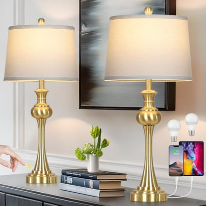 CINSARY Gold Table Lamps Set of 2, 29" Bedside Lamps for with USB C+A - color: Gold-set of 2