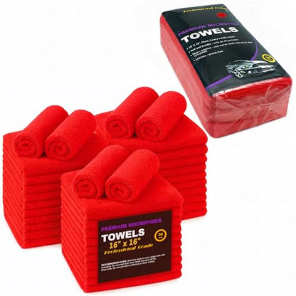 Red Microfiber Cleaning Towels, 3 Dozen Dual-Sided Cleaning Cloths Bulk Pack, Ultra Soft Plush Wash-Cloths, Micro-fiber Detailing Cleaning Cloths for Car, Household and Commercial (Red, 16" x 16") - color: Red