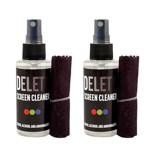 Delete Screen Cleaner Spray Kit, 2 Pack, 2oz Bottle and 2x 6"x6" Microfiber Cleaning Cloth, Streak-Free, Safe and Gentle Formula, Multi-Purpose for Travel, Small TVs, Cameras, Laptops, Phones - style: 2 Pack, 2oz