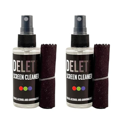 Delete Screen Cleaner Spray Kit, 2 Pack, 2oz Bottle and 2x 6"x6" Microfiber Cleaning Cloth, Streak-Free, Safe and Gentle Formula, Multi-Purpose for Travel, Small TVs, Cameras, Laptops, Phones - style: 2 Pack, 2oz