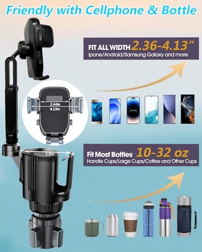 Cup Phone Holder for Car with Expandable Base, Upgraded 2 in 1 Hands Free Cellphone Holder Cupholder Car Mount, Stable Retractable Long Arm Universal Fit iphone and Large Bottle, for Truck SUV - color: Gray