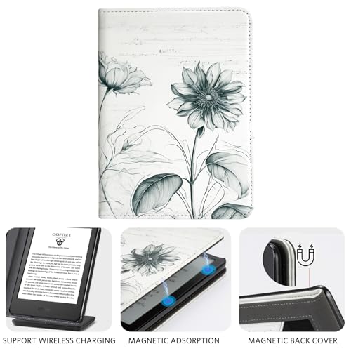 CoBak Case with Stand for for 6" Kindle (2024 & 2022, 11th Gen) – PU Leather Smart Cover with Auto Sleep/Wake & Hand Strap, Premium Protective Case for Kindle Basic,Burnt Sienna - color: Sketch Sunflower