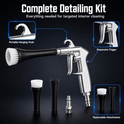 Car Cleaning Gun for Car Detailing, High Pressure Air Blow Gun Works with Air Compressor, Dry Cleaning Gun Quickly Removes Surface Dirt and Dust from Interior, Comes with 3 Brushes and 2 Nozzles