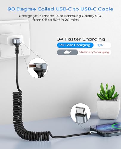 90 Degree USB A to USB C Cable Coiled, 3FT&6FT USB C Cable 3A Fast Charging - color: Grey, size: 3FT+6FT