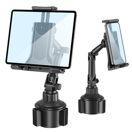 Tablet Holder for Car, for iPad Cup Holder Car Mount with 1.57" Depth Large Clamp 15" Height Adjustable Tab Mount Holder for 6"-12.9" Cell Phone iPhone iPad Stand Travel Accessories 1