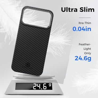 MONOCARBON Aramid Fiber Case for iPhone 17 Pro Max, Ultra-Thin & Light 6.9in Hard Cover with [Metal Camera Frame],[1500D Aramid Fiber Woven], [MagSafe Compatible], [Easy-Grip]+[Free Screen Protector] - size: for iPhone 17 Pro Max