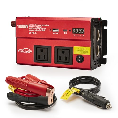 TWING Car 1000w Inverter,12v DC to 110v Power Inverters for Vehicles 1000 watt with Dual AC Outlets 3.0A USB and Type-C,12 Volt Inverter Car Cigarette Lighter Battery - color: Red, size: 1000W