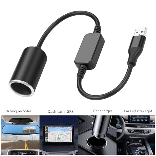 GINTOOYUN USB A Male to 12V 18W Cigarette Lighter Booster Cable Socket Adapter Power Cable for Dash Cam, GPS, Car Led Light Strips, and Other Automotive Electronics(0.98FT/0.3M) (1)
